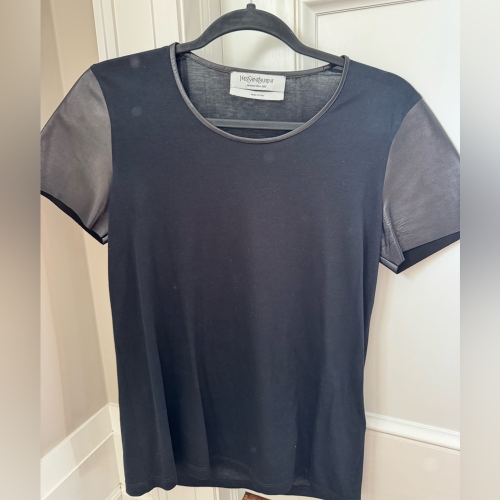 Yves Saint Laurent Black Top shirt with leather sleeves  YSL SAINT LAURENT Small